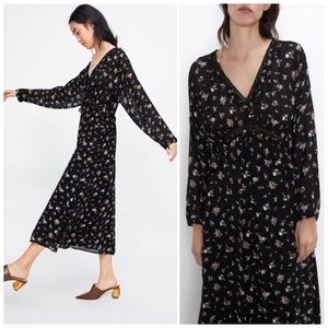Zara Ditsy Floral Cottage Core Midi Dress Black XS